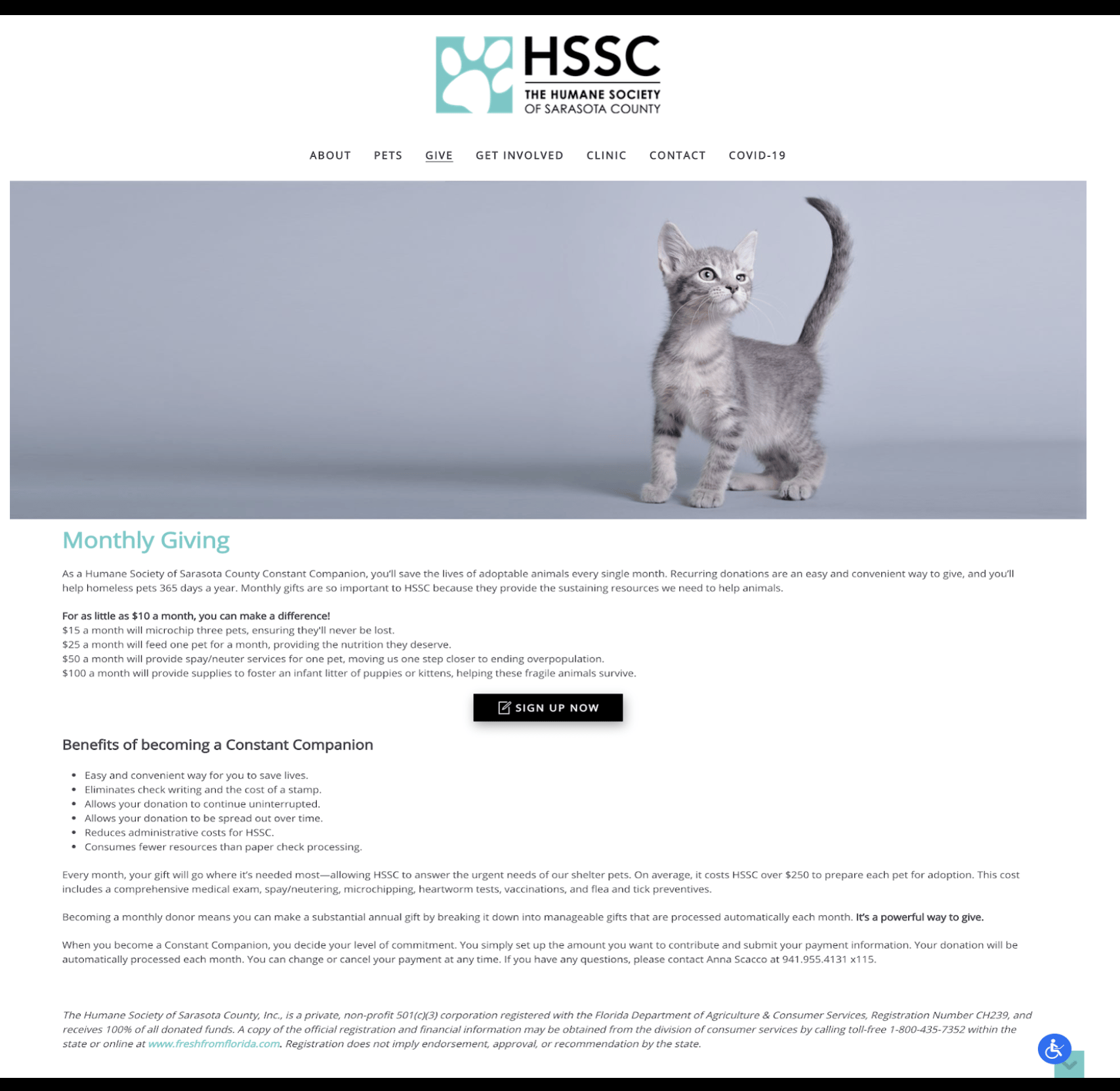 Clicking "Give" on the navigation menu of the Humane Society's website opens a page titled "Monthly Giving" with information about this program, such as the impact of different giving amounts and why this program benefits the Humane Society more, and a button to "Sign up now"