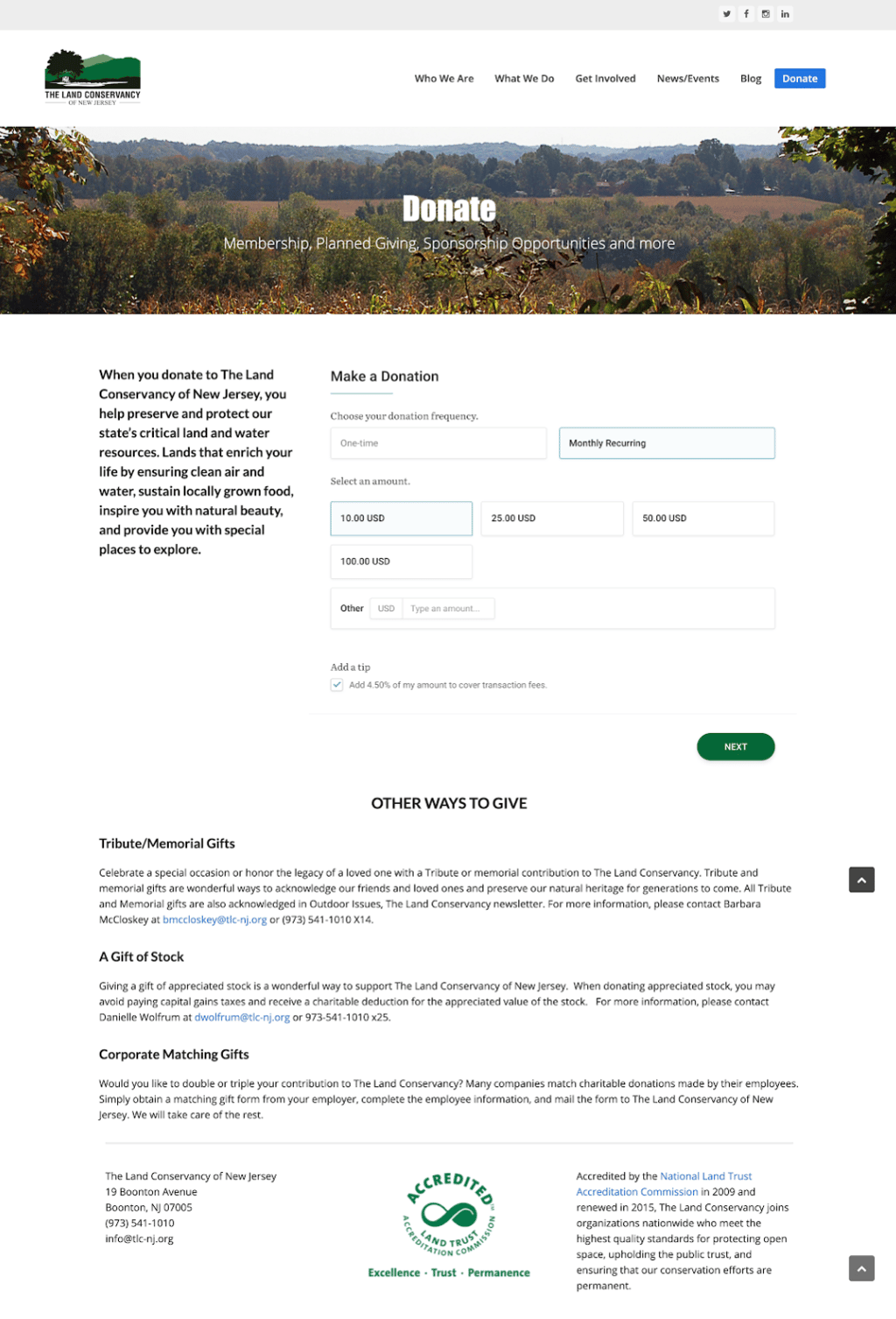 screenshot of Land Conservancy page with a donation form and single CTA "Next", followed by smaller text explaining other ways to give and contact information for tribute, stock, or matching gifts