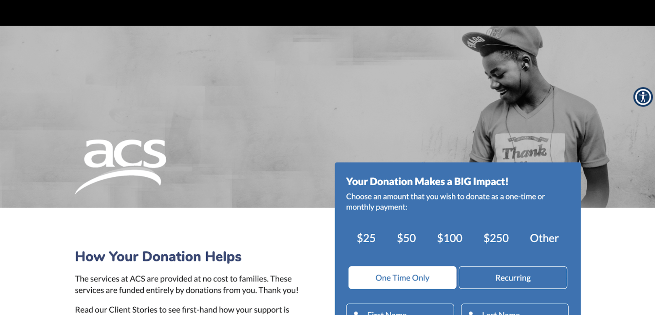 screenshot of ACS's donation page, demonstrating that no navigation bar is visible